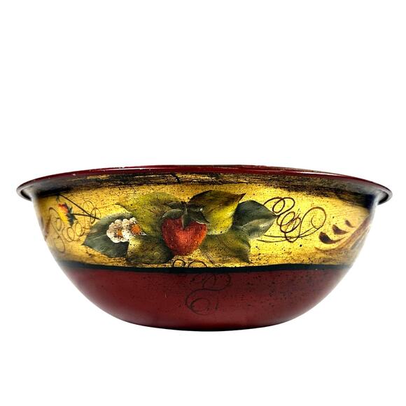 Tole Folk Art Hand Painted Red Strawberry Floral Large Stainless Serving Bowl - Picture 4 of 6